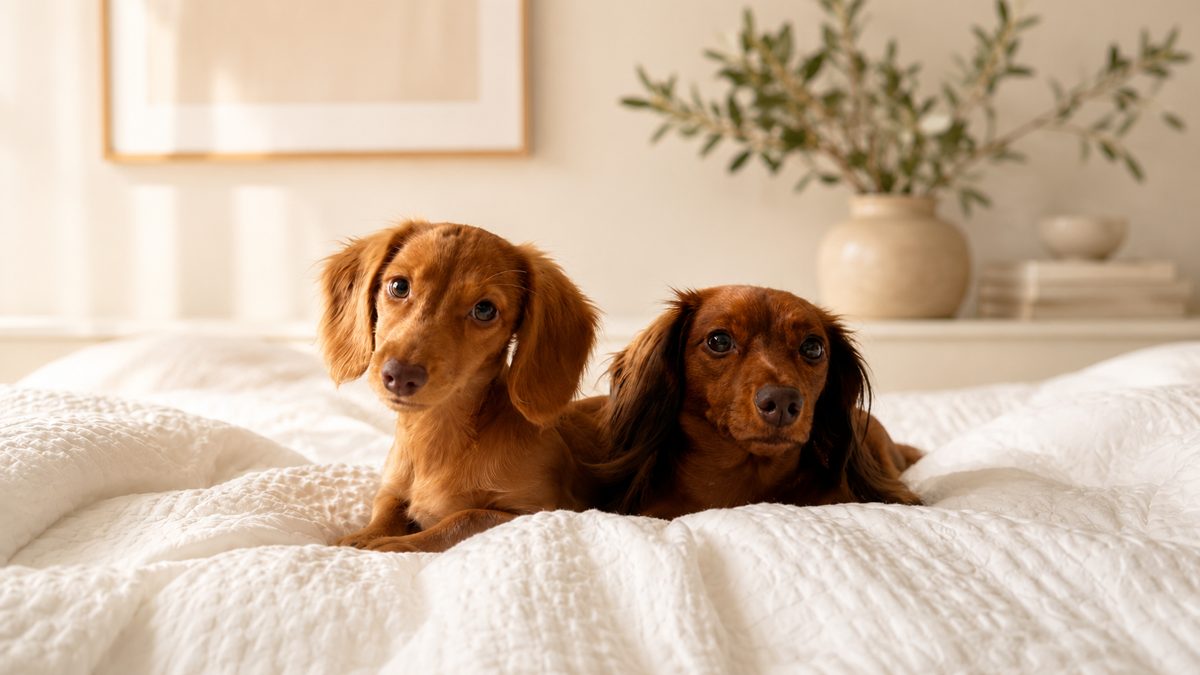 Nicole and Nora, two long-haired mini dachshunds, lying together on a white bed